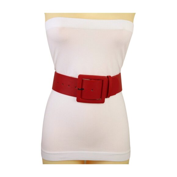 Women Red Faux Leather Waistband Fashion Belt Hip Waist Big Square Buckle M L - Picture 12 of 16